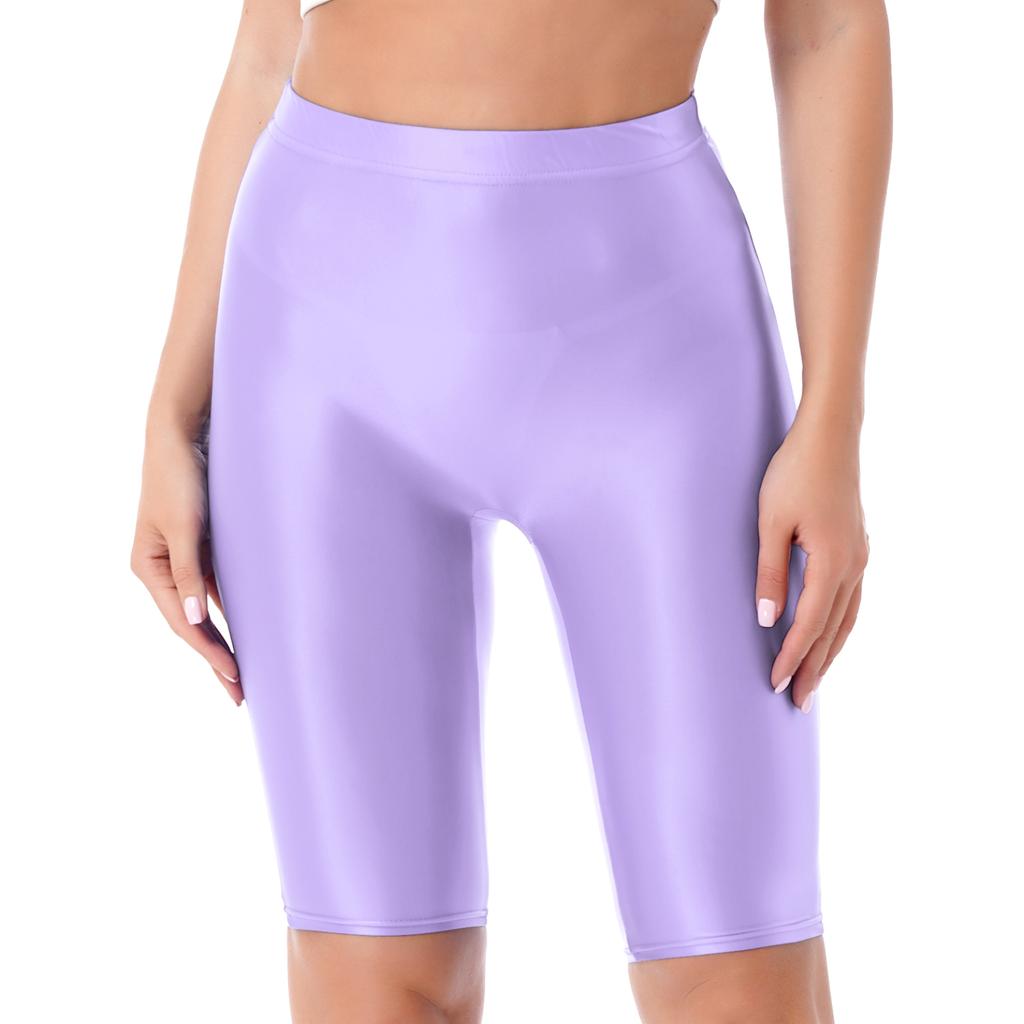 Womens Glossy High Waist Shorts Elastic Waistband Short Leggings Swimwear Workout Sports Bottoms