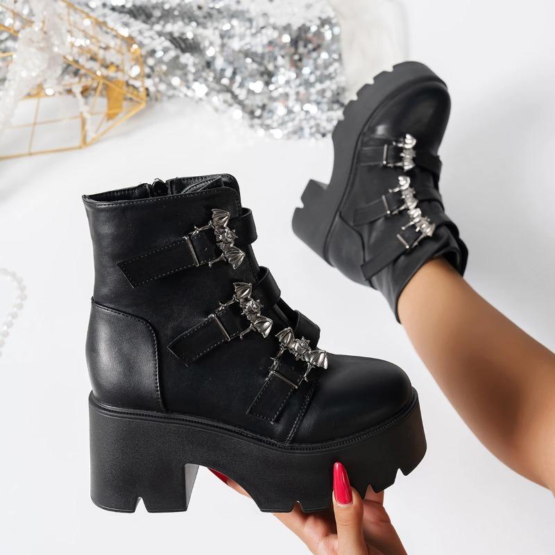 Women Boots Fashion Mid Calf Leather Boot Street Punk Boots Motorcycle Ankle Boot 8cm Height Increasing Platform Boots for Women