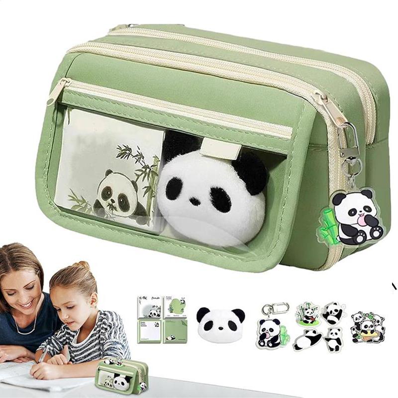 Пенал большой емкости «Панда», милый пенал, держатель для ручек на молнии с брелоком-брошью в виде панды, блокнот, многослойный милый пенал для девочек