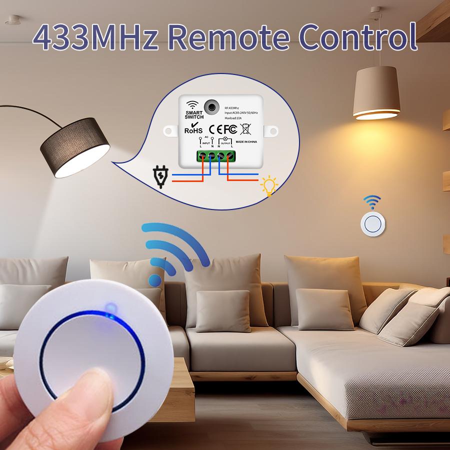 RF 433MHz беспроводной выключатель света AC 100-240V релейный приемник мини круглая кнопка переключатель пульт дистанционного управления для домашней светодиодной лампы 10A