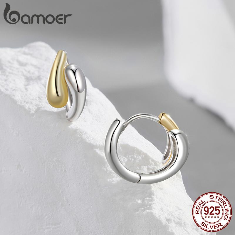 BAMOER 18K Gold Двухцветные серьги-кольца из стерлингового серебра 925 пробы с каплями воды для женщин Массивные модные серьги с витыми звеньями Ювелирный подарок