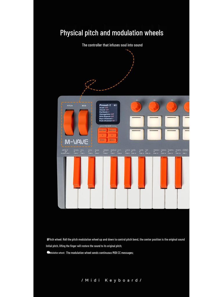 Портативная MIDI-клавиатура и динамический синтезатор с 37 клавишами и встроенным источником звука, идеально подходят для живых выступлений, использования в дороге и музыкального продакшена.