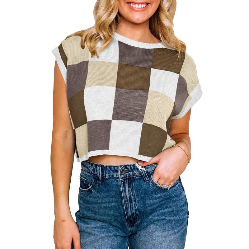 Вязаный клетчатый свитер с круглым вырезом и короткими рукавами, женский короткий топ с высокой талией и открытым пупком, повседневный трикотаж