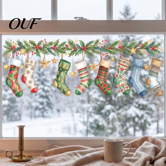 Scratch Resistant Holiday Decals Christmas Stockings Window Sticker, Static Cling Removable Decal, Waterproof Seasonal Reusable Stickers PVC Decal for