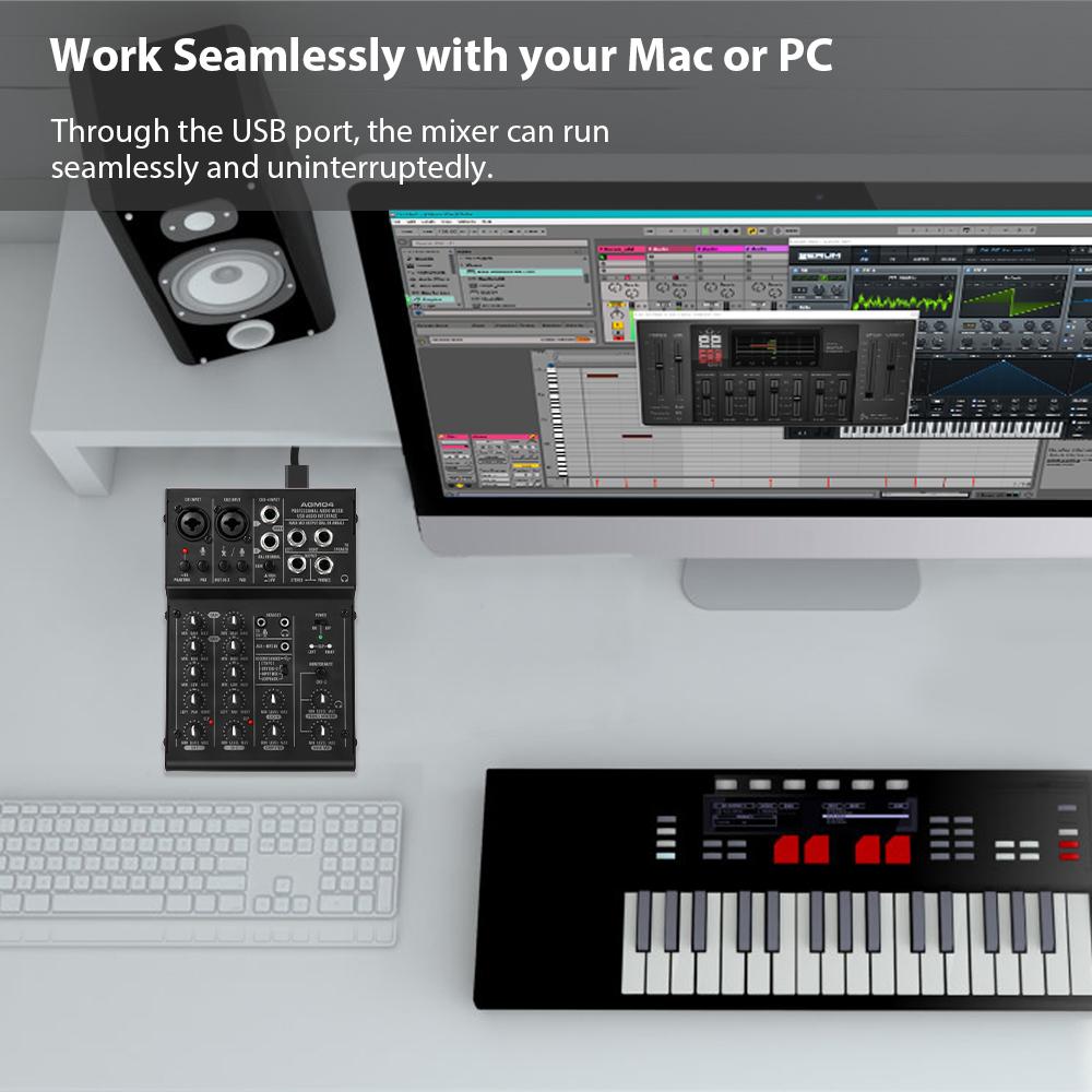 4-канальный мини-микшерный пульт, цифровой аудиомикшер, 2-полосный эквалайзер, встроенный фантомное питание 48 В, 5 В