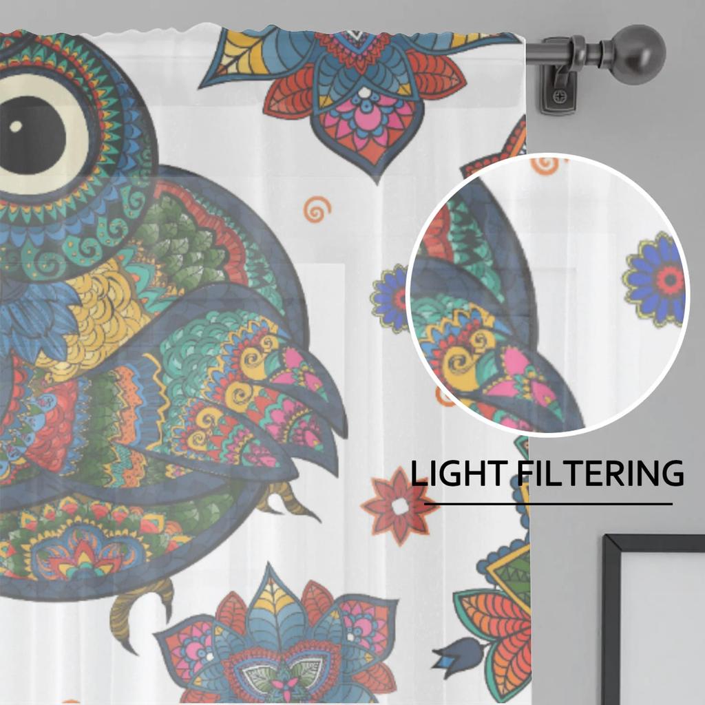 Herdesings Boho Ethnic Owl Sheer Tulle Curtains Chiffon Drapes 2 Panels Window Curtains for Living Room Bedroom Kitchen Decor