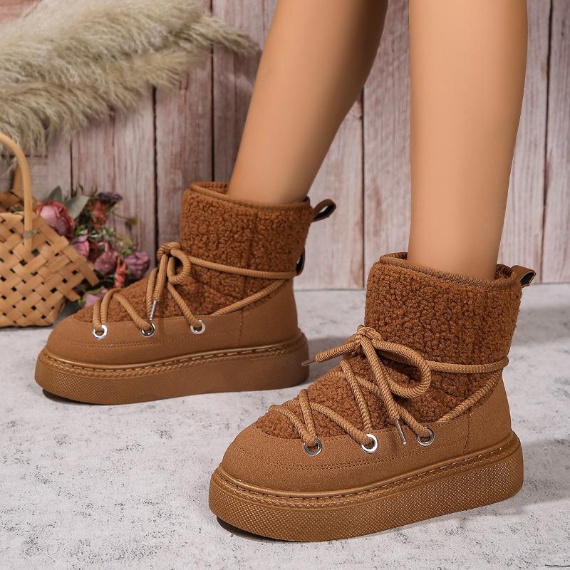 Зимние женские сапоги, модные, с круглым носком, однотонные, на среднем каблуке, на толстой подошве, замшевые, теплые, со шнуровкой, женские сапоги до середины икры