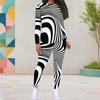 Women Plus Size Black White Printed Two Piece Set Round Neck Long Sleeve Top Fitted Pants