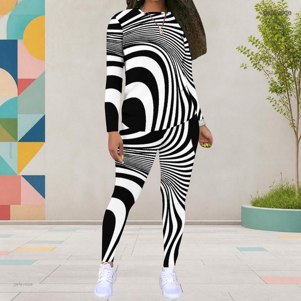 Women Plus Size Black White Printed Two Piece Set Round Neck Long Sleeve Top Fitted Pants