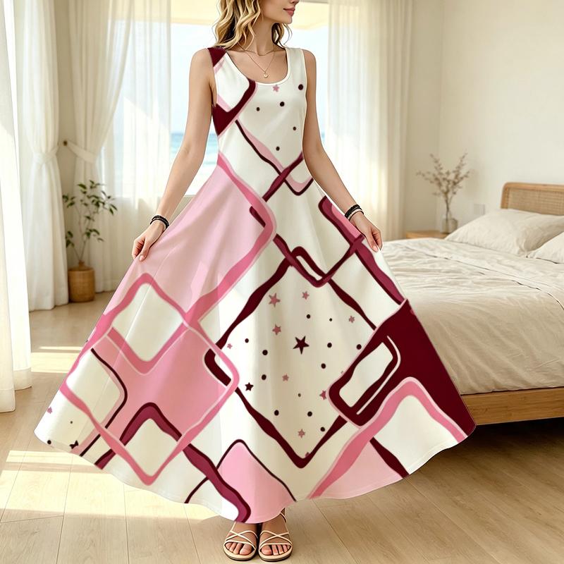 Geometric Series Soft Loose Maxi Dress Elegant Vacation & Daily Casual Wear for Spring Autumn Beach Travel