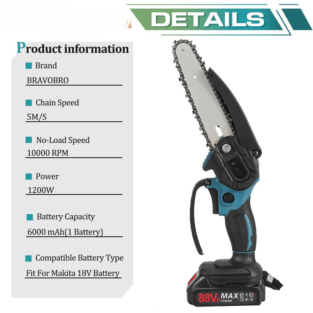 1200W 6 Inch 88VF Electric Saw Mini Chainsaw with Li-ion Battery Chains Kit Woodworking Cutter Tool