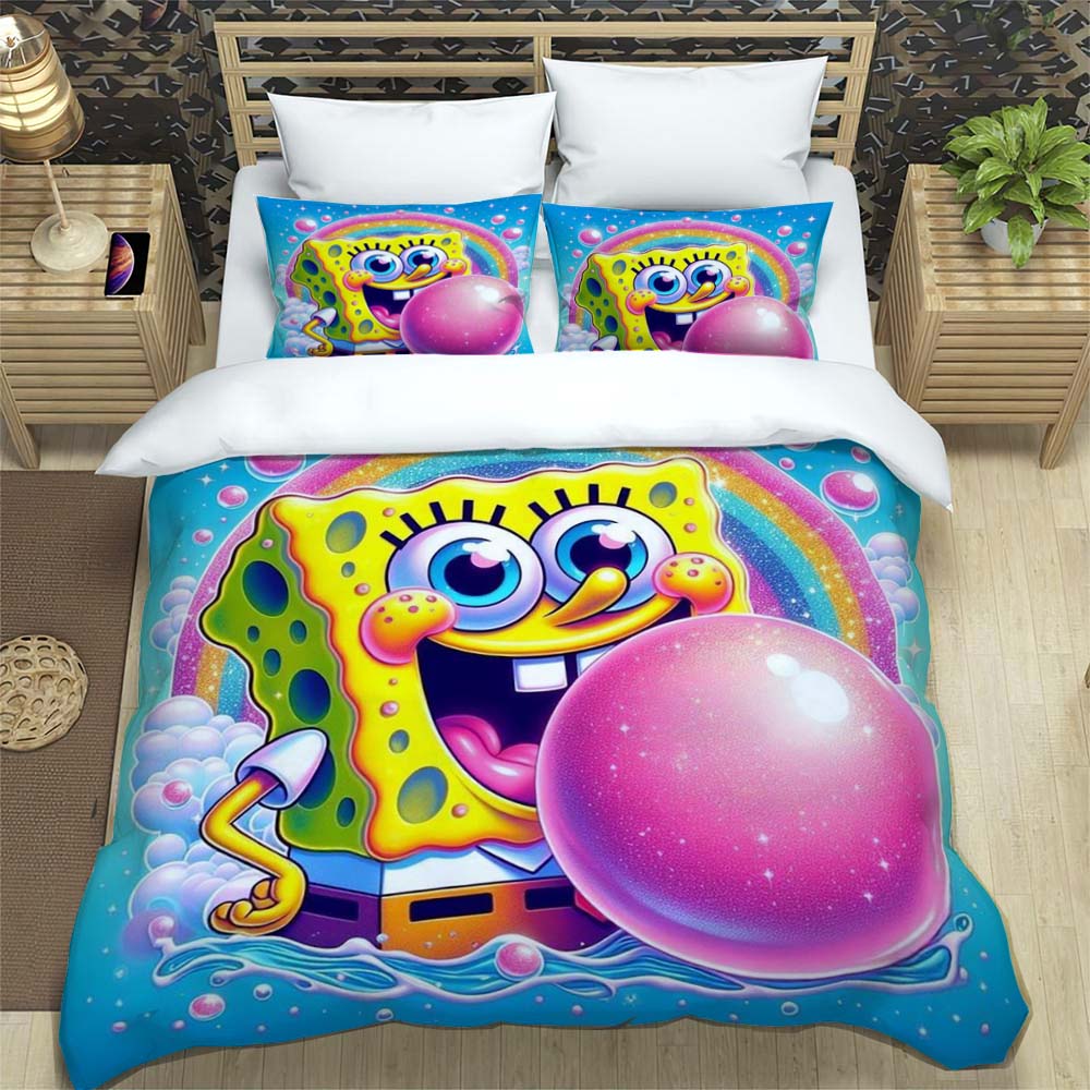 3D Sponge Bob Square Pants Printed Bedding Set, Cartoon Pattern Duvet Cover and Pillowcases, Single/Double Bed Sheet Sets,