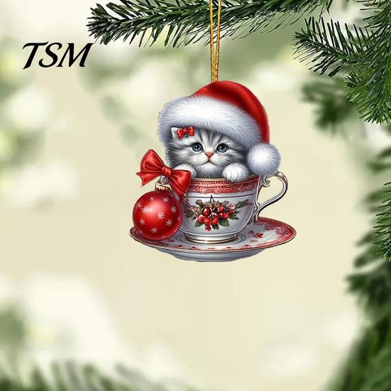 Reusable Christmas Ornaments Acrylic Teacup Cat Hanging Cute Cartoon Ornament Charming Festive Decorations 2D Flat Car Mirror Charm for Tree