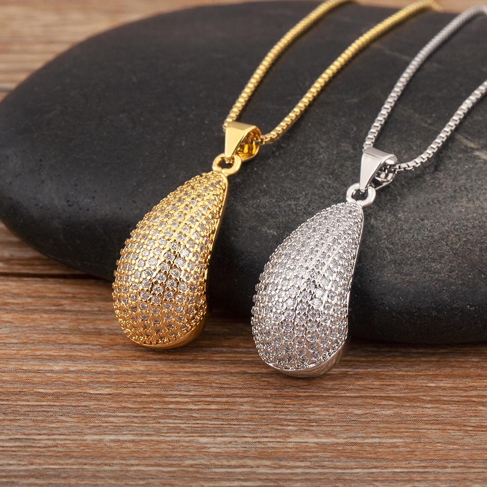 Nidin New Fashion Waterdrop Shape Hollow Design Charm Pendant Necklace For Women Men Shiny Crystal Zircon Jewelry Accessories