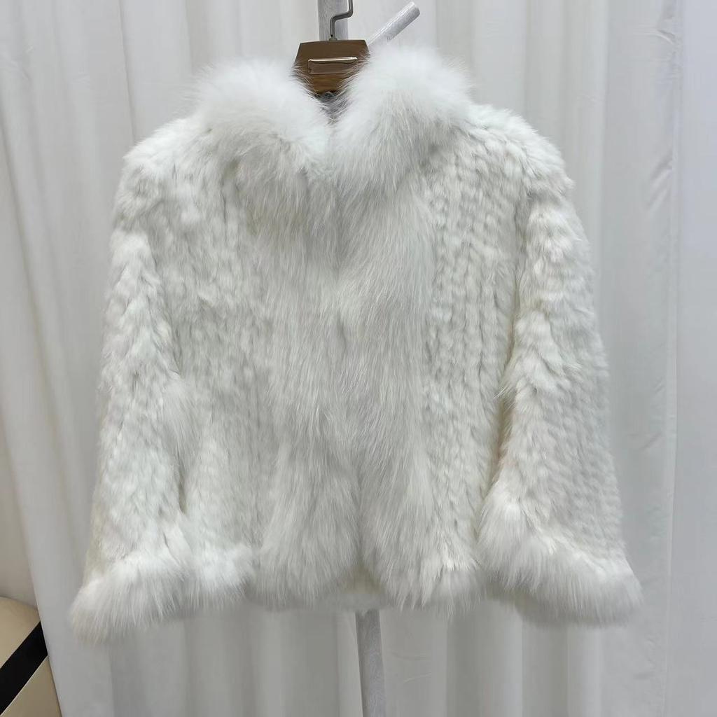 Real Rabbit Fur Braided Coat for Women Short Style Young Coat Fox Fur Bat Sleeve Shawl