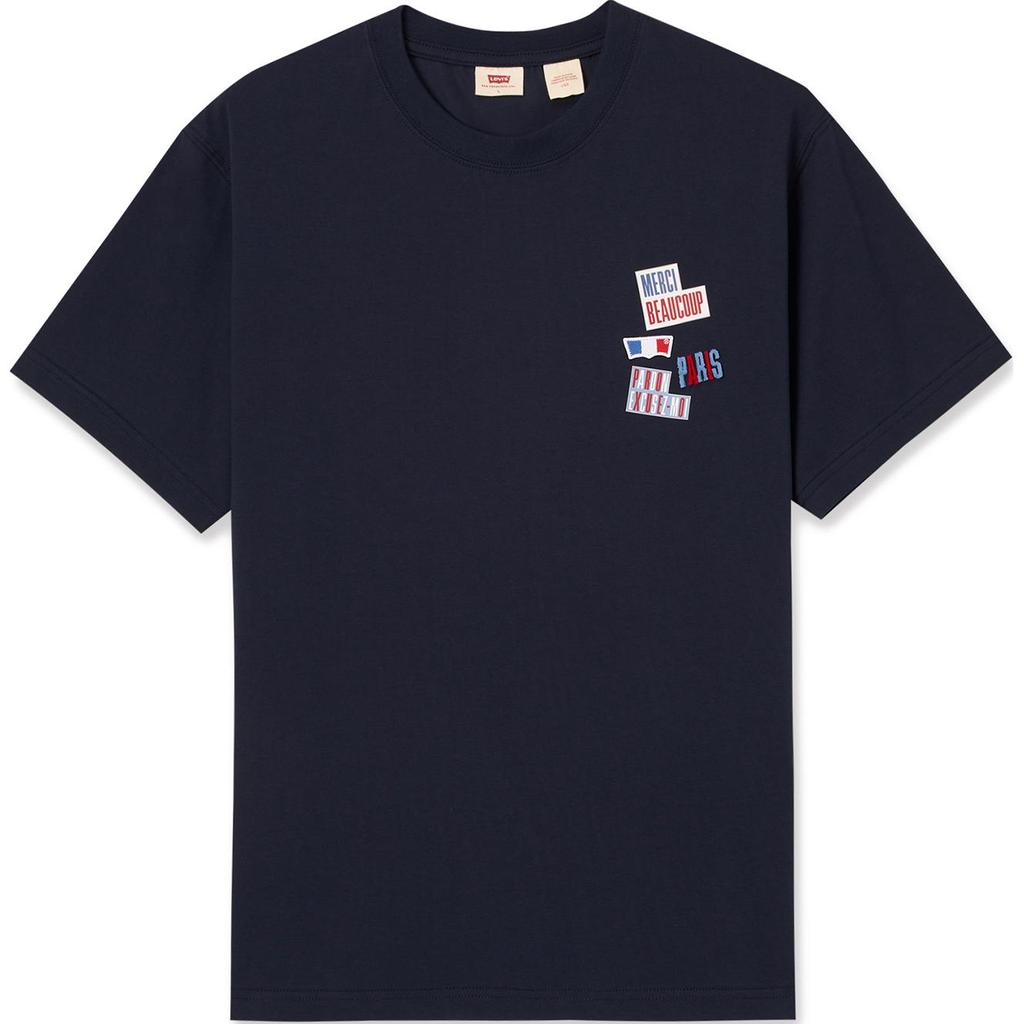 Levis SS24 Парижская лимитированная капсульная коллекция Футболка мужская с коротким рукавом, с круглым вырезом, свободного кроя, с принтом букв, темно-синяя 0023X-0000