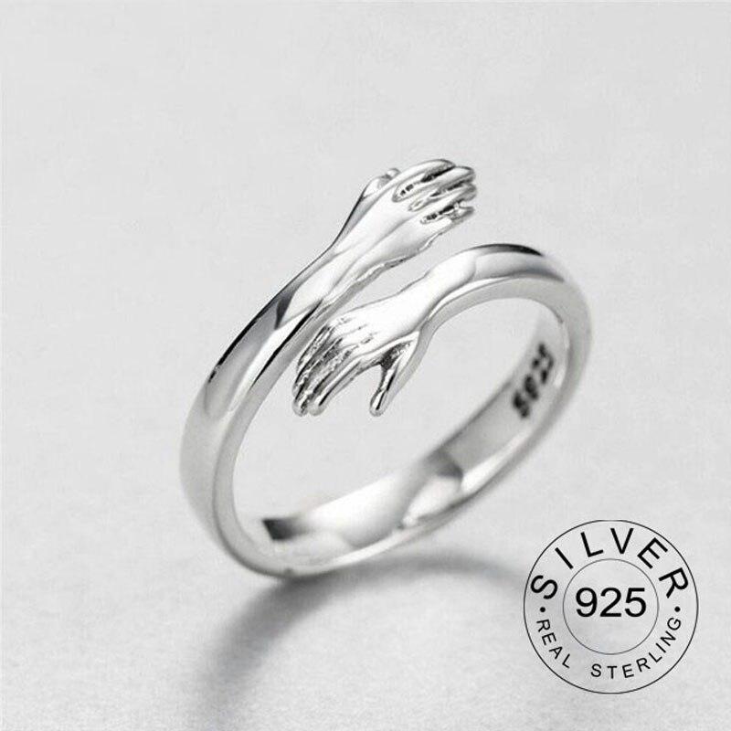 Trendy Gold Ring Opening Fine Jewelry Resizable 925 Sterling Silver Ring Antique Rings Hands Hug Shaped Loop For Women Girl Kofo