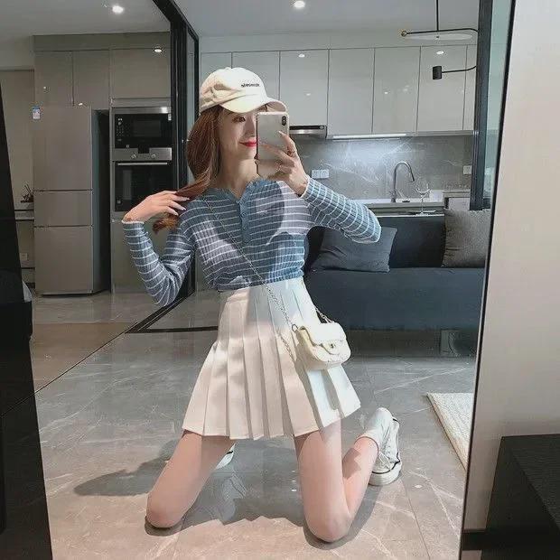 Комплект из женской плиссированной юбки в японскую клетку с высокой талией и черной рубашки JK Uniform