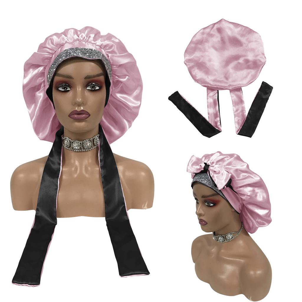 Double Layered Bling Satin Bonnets with Ties Silk Bonnets and Hair Wraps Custom logo Bonnets for Women