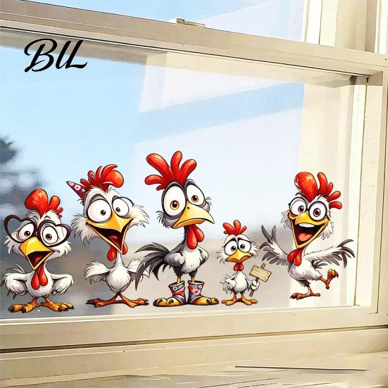 Waterproof PVC Window Clings Cartoon Rooster Static Glass Sticker, Funny Roosters Clings, Removable Decorative Farmhouse Film Decal, Sunproof Stickers