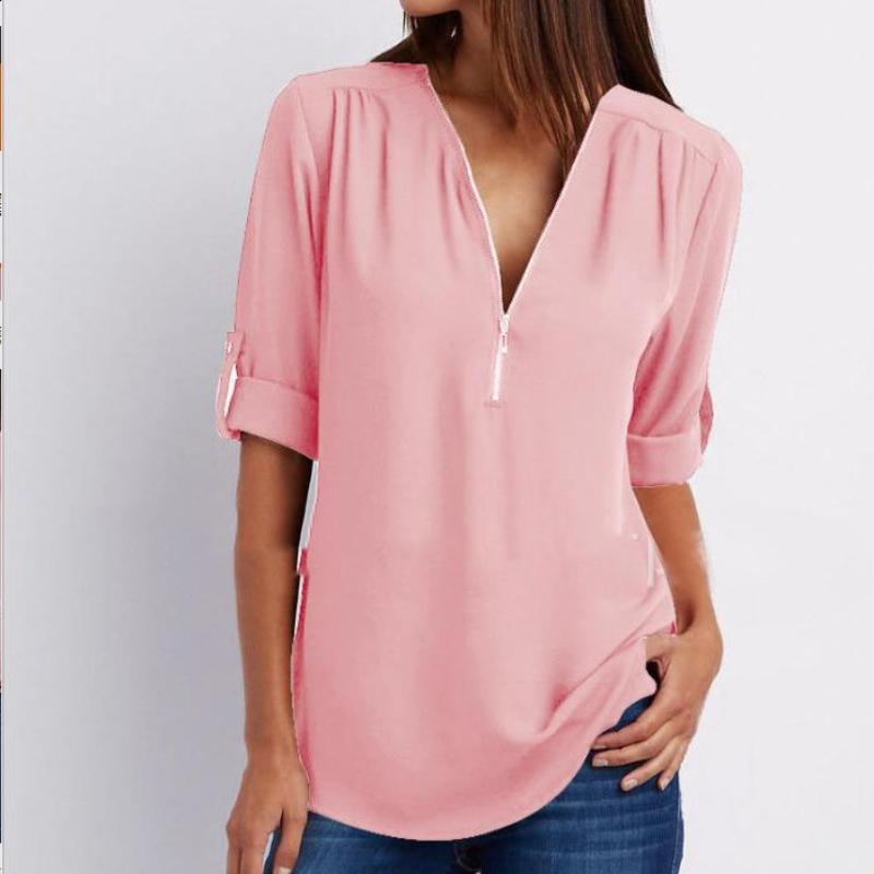 Рубашка с v-образным вырезом на молнии, женская футболка большого размера с длинными рукавами, свободная шифоновая рубашка