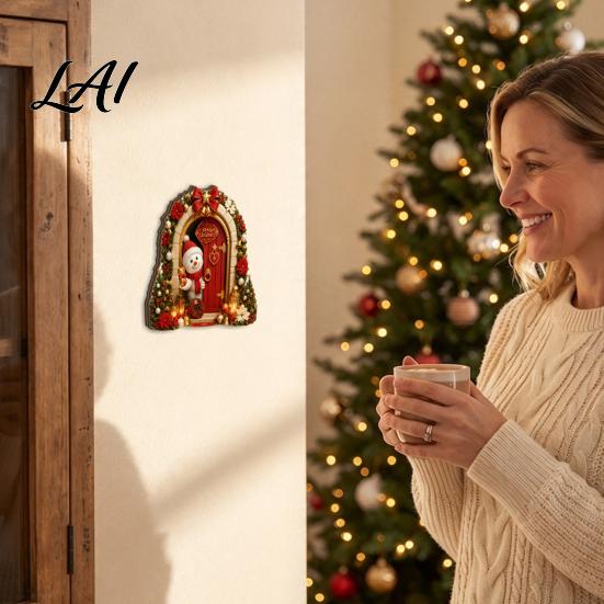 Christmas Themed Craft Wooden Miniature Fairy Door 2D Flat Cute Mouse Cat Santa Holiday Door Ornament Snowman Tiny Decoration for Wall Decor,