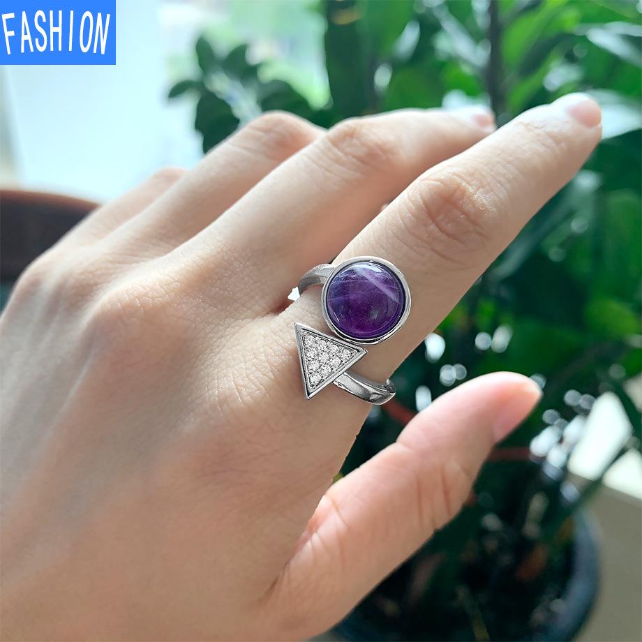 Natural Stone Round Crystal Triangle Adjustable Ring Gift for Women
