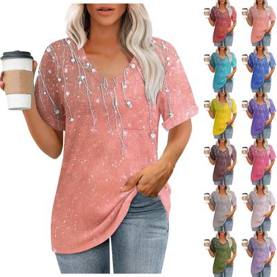 Женская модная футболка с коротким рукавом и V-образным вырезом с карманом и цветочным принтом