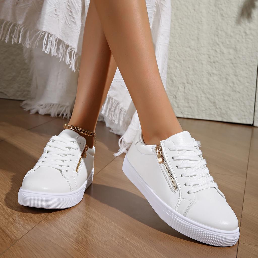 Новые женские кроссовки на молнии, повседневная обувь, высококачественные женские туфли на плоской подошве, весна-осень, низкие лоферы, белые туфли для девочек, женская обувь