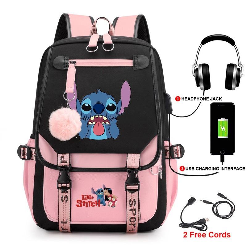 Stitch Backpack for Students Cute Cartoon Laptop Bag with USB Port Fashion Style