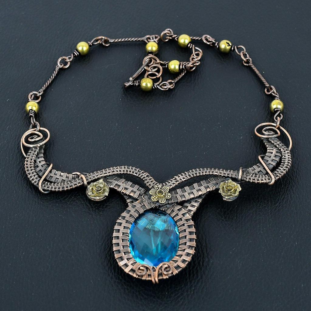 Blue Topaz  Necklace Handmade Jewelry, 999 Copper Wire Wrapped Necklace Designer Gemstone Jewelry Adjustable Chain Necklace Gift For Mom