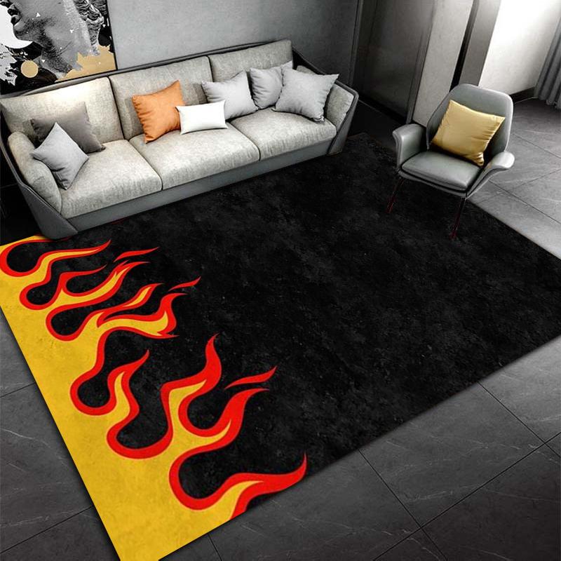 Black Carpet with Red Flames and Yellow Border Design for Home Decor Suitable for use as an anti-slip for living room bedroom sofas
