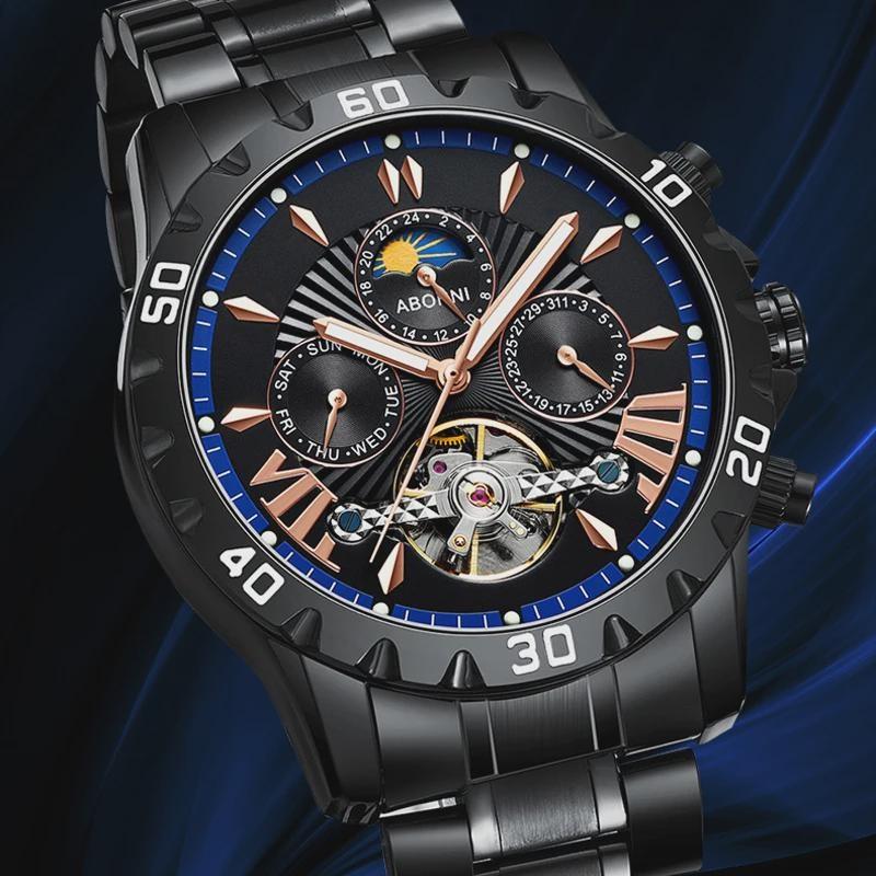 Men Business Casual Mechanical Watch Calendar Week Moon Phase Multifunctional Waterproof Luminous Stainless Steel Wristwatch