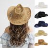 Straw Beach Sun Hat Hollow Out Roll Up Jazz Hat Casual Unisex Cowboy Hat