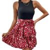 Women Dress Sleeveless Flower Printing Round Neck Slim Fit A-line Dating Loose Hem High Waist Women Mini Dress