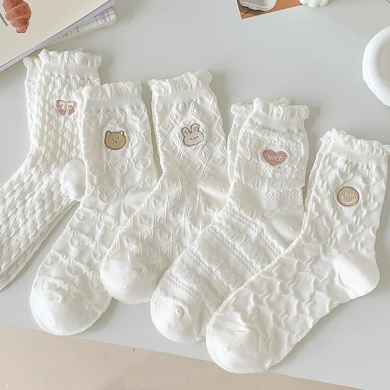 5 Pairs Cute Smiling Print Socks, Comfy & Soft Crew Sports Socks, Women's Stockings & Hosiery