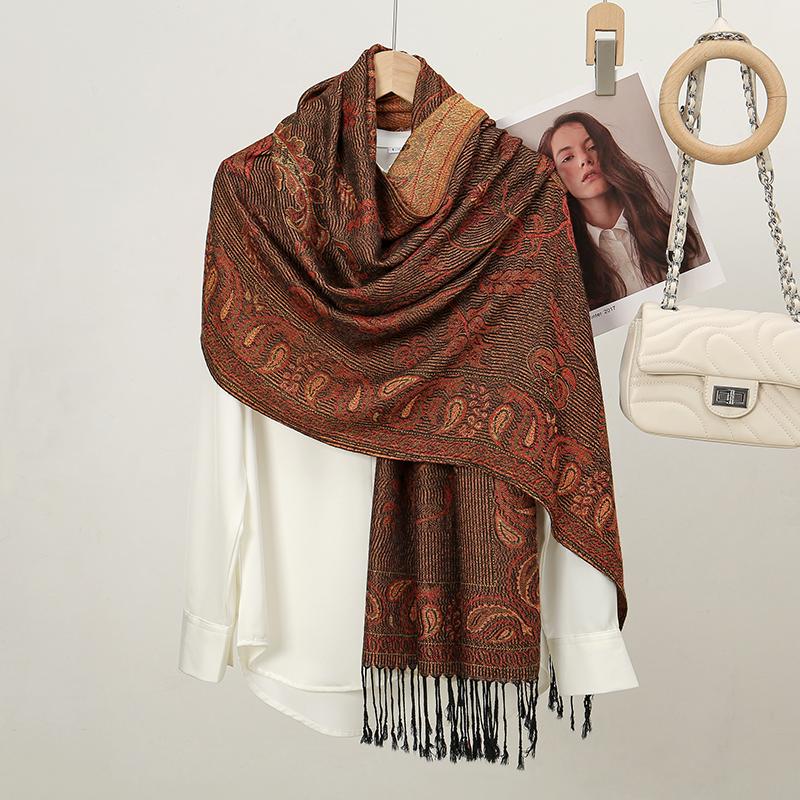 Зимний Теплый Толстый Этнический Стиль Жаккардовый Шарф Уличный Женский Хиджаб Дорожный Фуляр Кашемировая Кисточка Шаль Накидка Пашмина Мусульманский