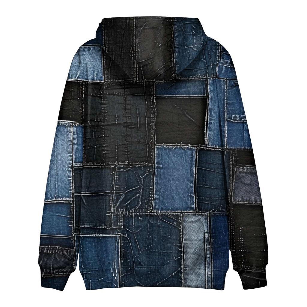 Men'S Loose Ethnic Style Imitation Denim Patchwork 3d Printed Hooded Sweatshirt Casual Fashion Sports Sweatshirt