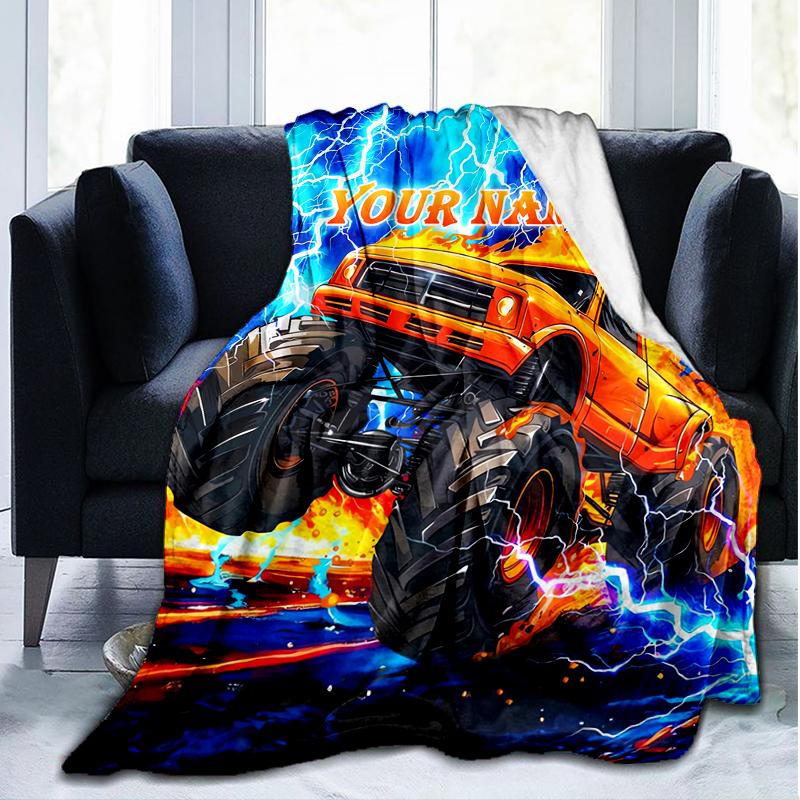 1PC Custom Name Monster Truck Adventure outdooor Flannel blankets Patterns Throw Blanket All-Season Soft Gift for Couch, Bed, Camping gifts