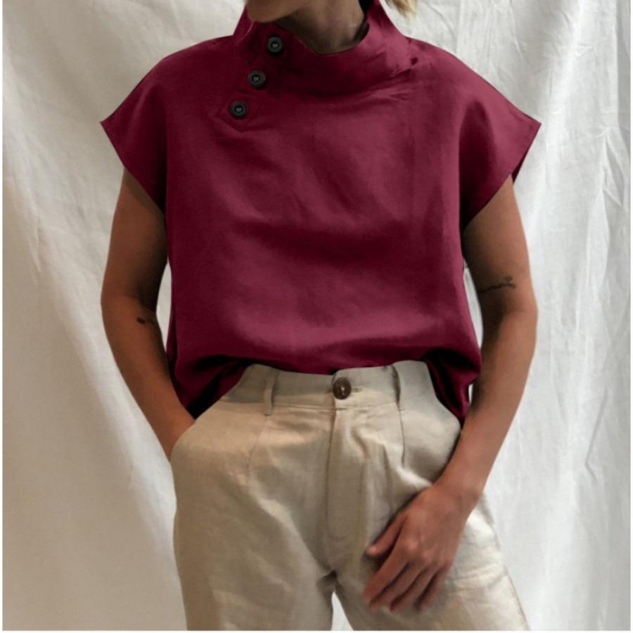 Womens Casual Blouse Summer Side Button Cotton Blouse Solid Color Short Sleeve Linen Tops Casual Ladies Breathable Shirt