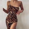 Dress One Shoulder Strap Tiger Print High Slit Sexy Street Personality Pop Women's Wear