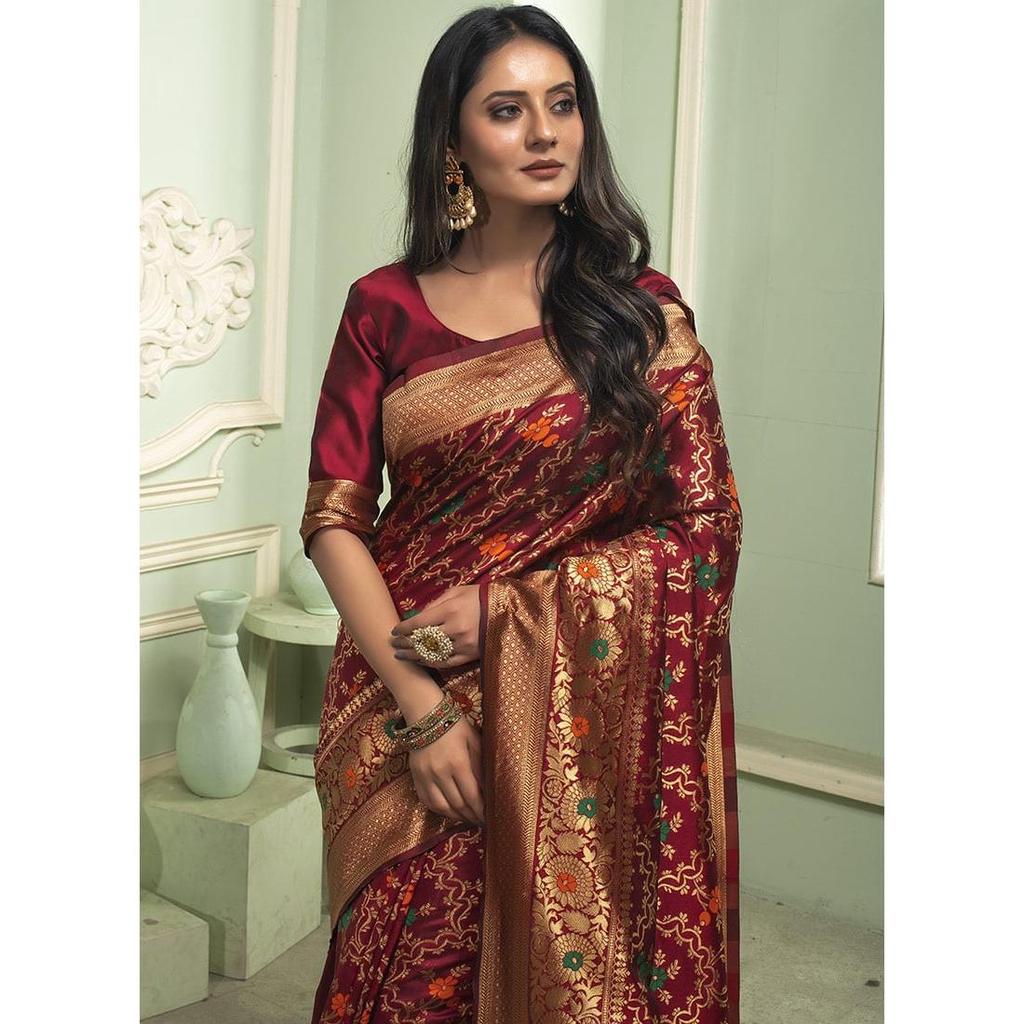 Banarasi Soft Silk Saree .Blouse (Need To Be Stitched As Per Size And Fit)