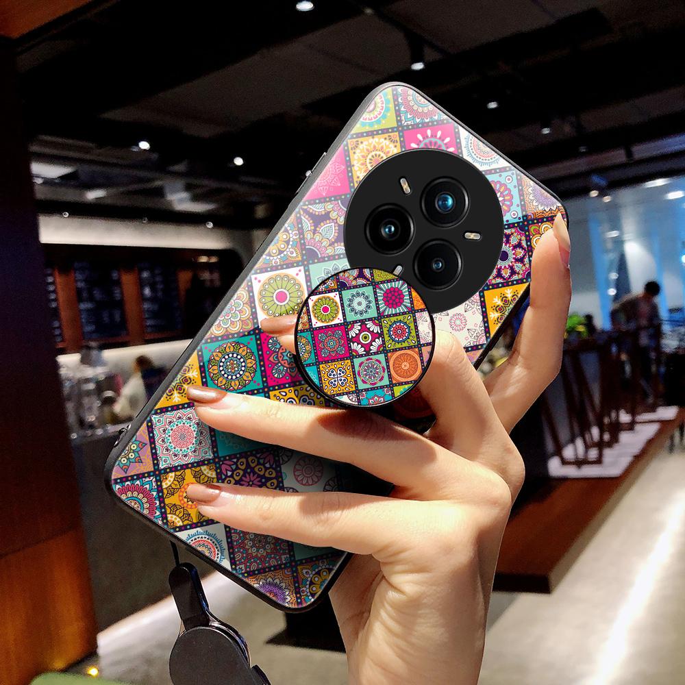 Чехол для Realme 14 Pro+ 5G с подставкой, этническим узором, из закаленного стекла, чехол для телефона со шнурком