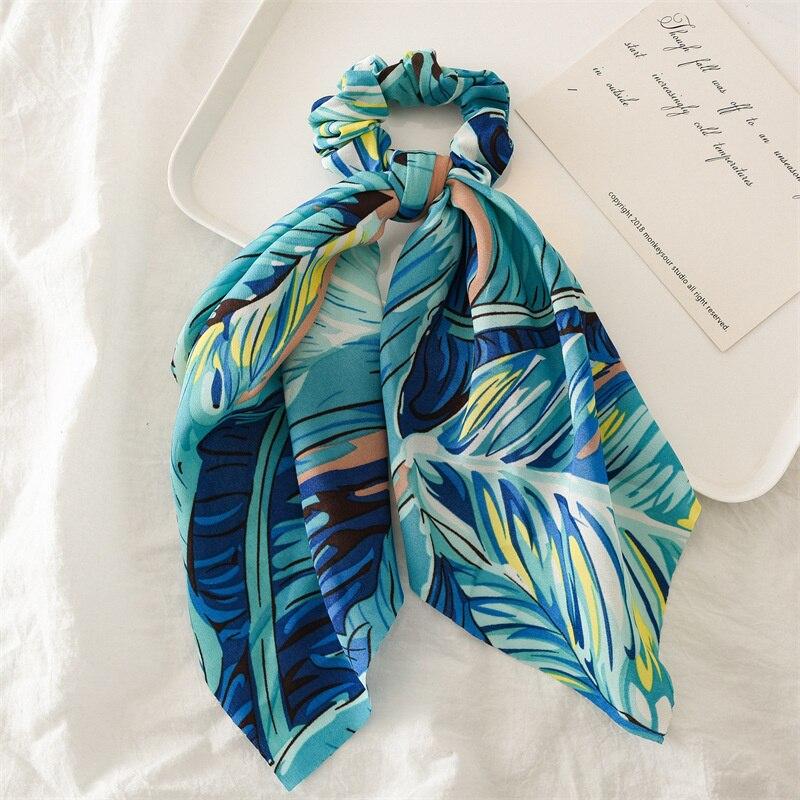 New Fashion Print Leaf Long Scarf Hair Band For Women Scrunchie Elastic Ribbon Bow Tie Ponytail Holder Hair Accessories Headwear