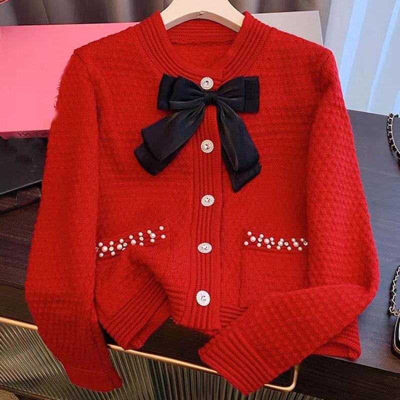 Cardigan Sweater Jacket Women's Autumn and Winter New Korean Version Red Bow Nail Bead Knitted Top