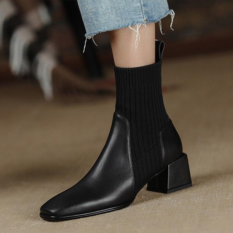 Короткие сапоги на среднем каблуке, женские осенне-зимние модные эластичные вязаные носки, повседневная обувь без шнуровки с квадратным носком, женские ботинки черного цвета