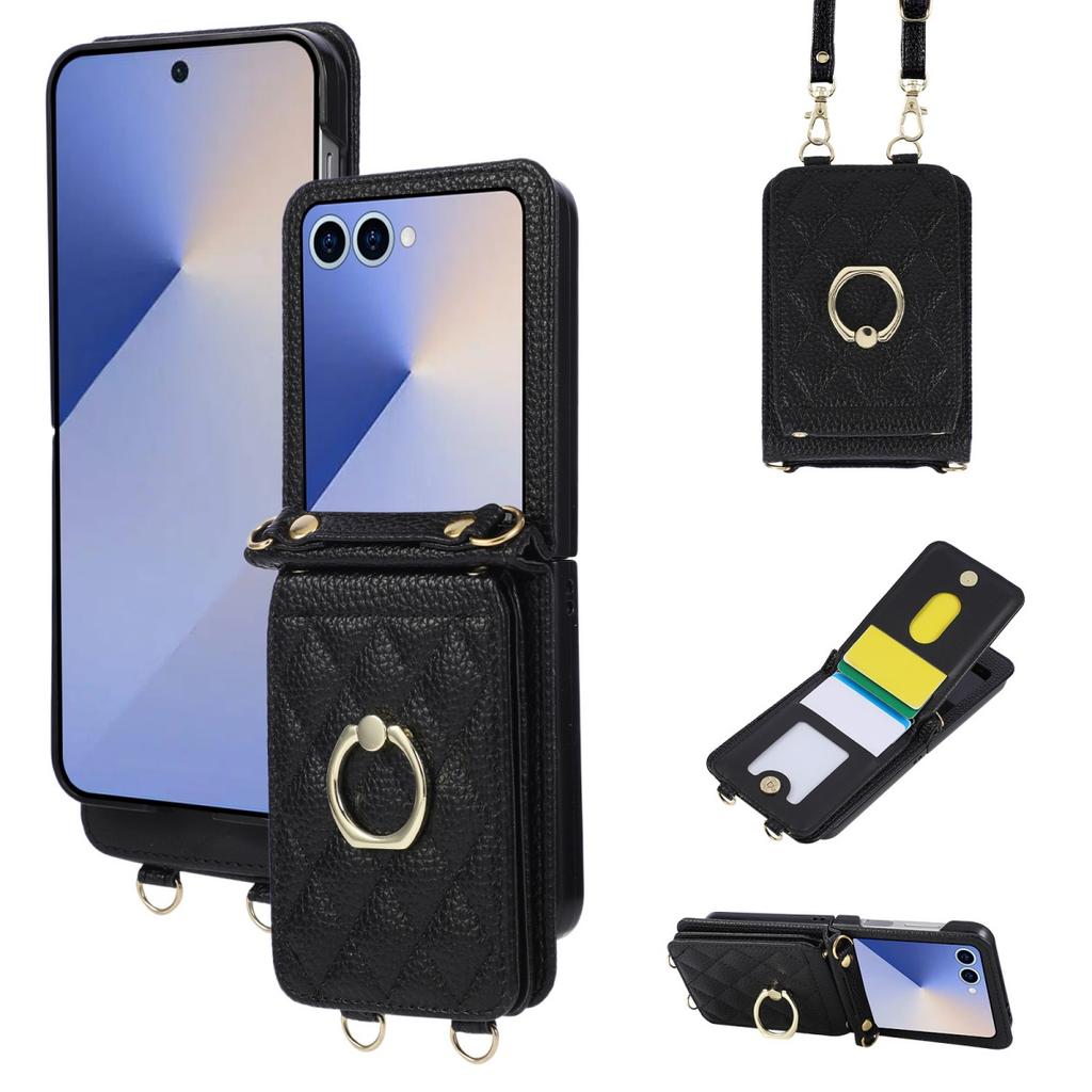 Чехол-кошелек с кольцом-подставкой через плечо для Samsung Galaxy Z Flip 8 7 6 5 4 3 5G Flip7 FE Flip8 Ремешок Кошелек Слоты для карт Кожаный чехол
