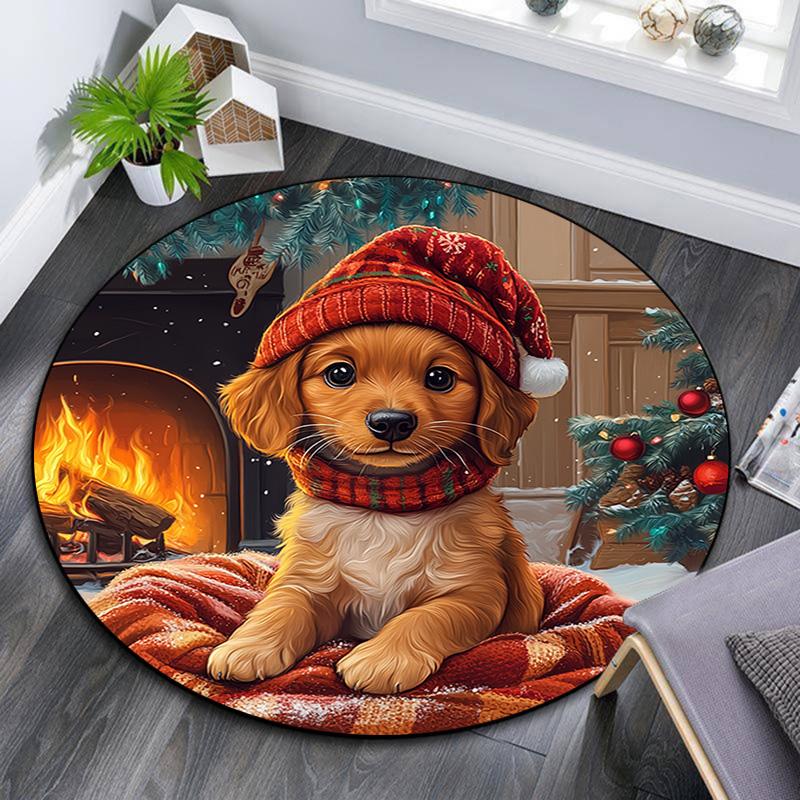 Santa Hat Puppy Round Area Rug,Carpet Rug for Living Room Bedroom Sofa Playroom Decor,Non-slip Floor Mat