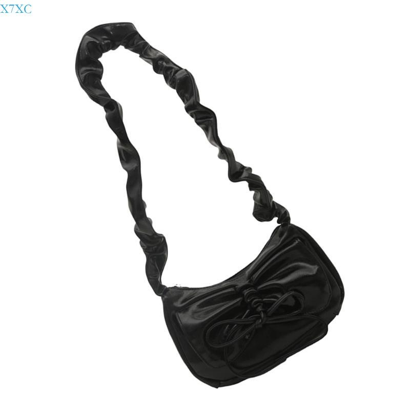 X7XC Trendy Pleated Bowknot PU Leather Shoulder Handbag Elegant Zippered Ruched Underarm Bag Purse for Students and Women
