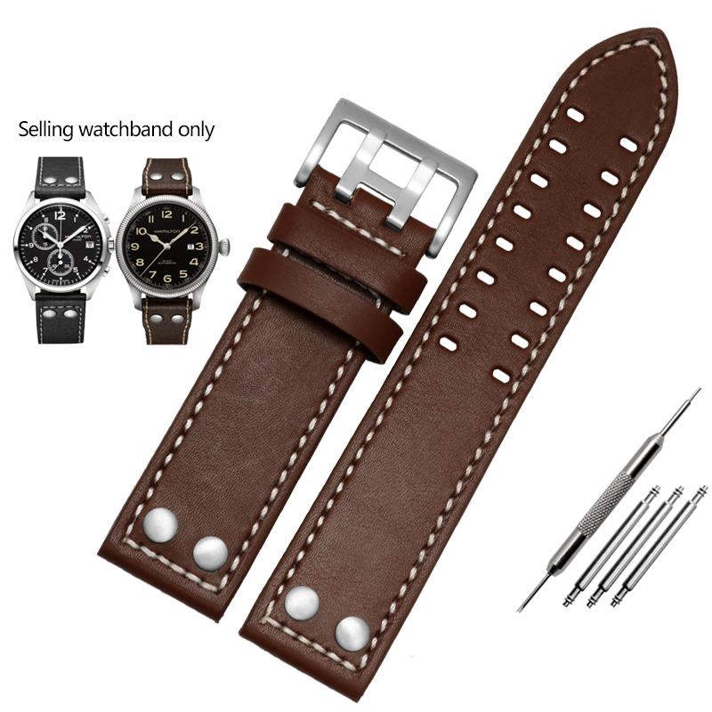 ОДИННатуральная кожаный ремешок для часов Hamilton Khaki Aviation Field Series Мужской ремешок Браслет с заклепками Коричневый 20мм 22ммMN